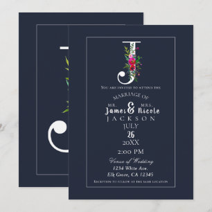 Invitation J Monogramme Dernière Initiale Moderne Bleu Floral
