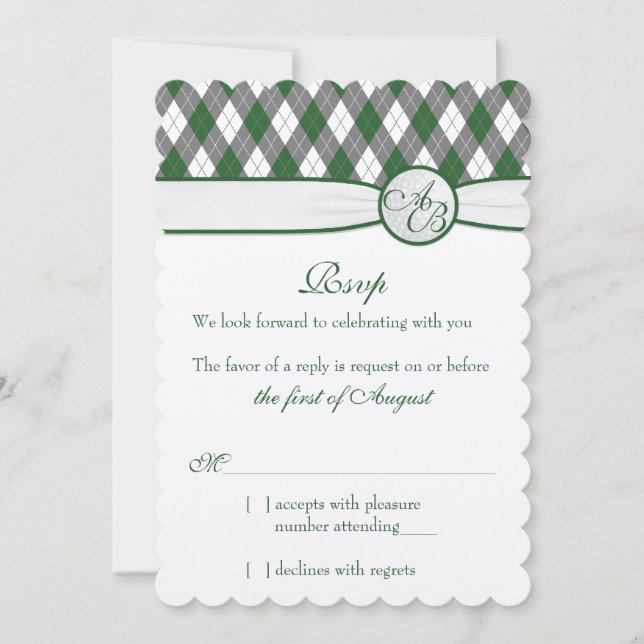 Invitation Jacquard Golfball Golf Vert Monogramme Mariage RSV (Devant)