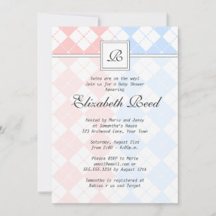 Invitation Jacquard rose et bleu Baby shower jumeaux monogram