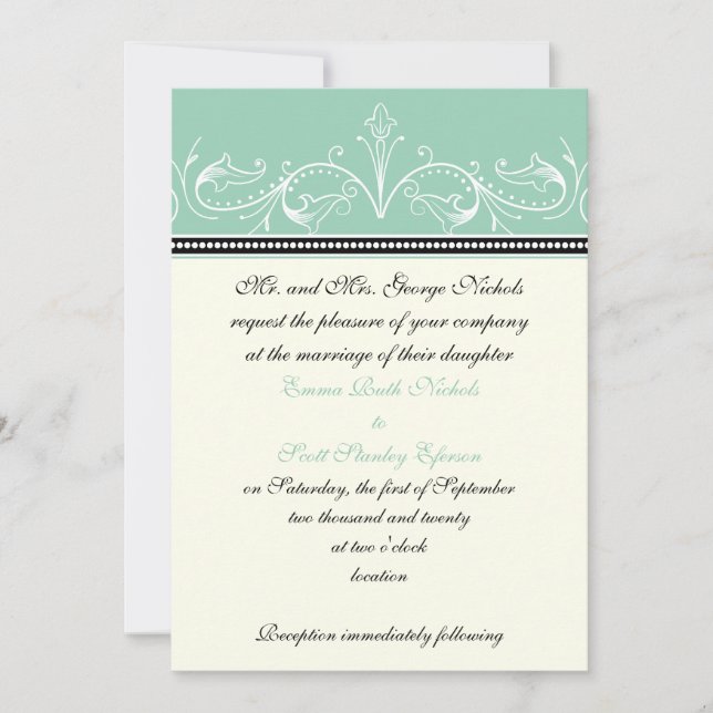 Invitation Jade de bordure ornementale, mariage d'ivoire (Devant)
