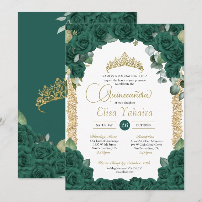Invitation Jade Green Rose Floral et Gold Quinceanera (Devant / Derrière)