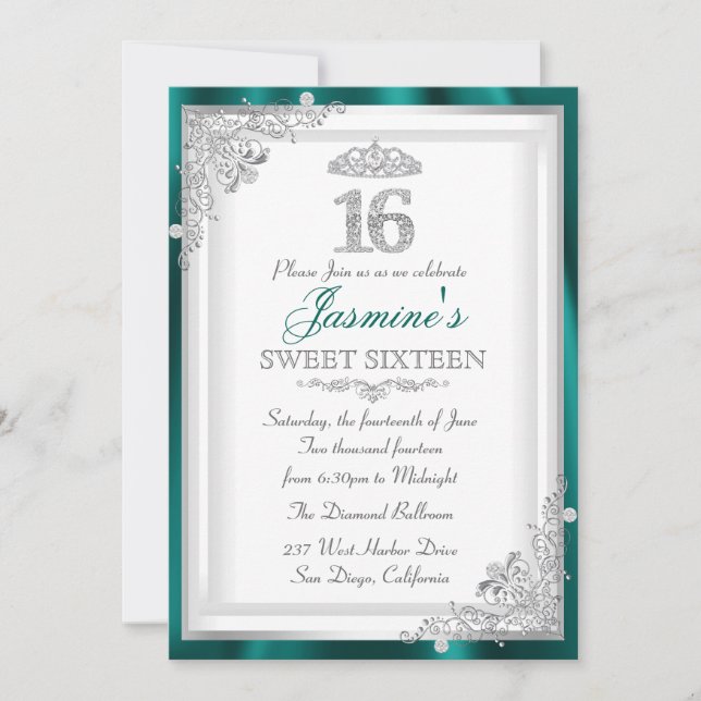 Invitation Jade Silver Diamond Damask & Tiara Sweet 16 Invita (Devant)