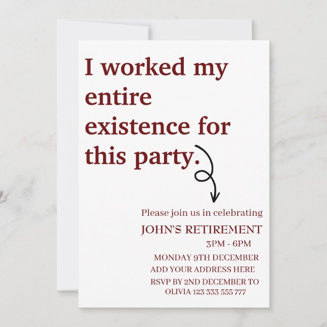 Invitation J'ai travaillé toute ma vie pour cette retraite (Devant)