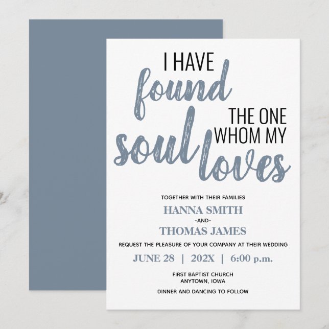 Invitation J'ai trouvé une typographie Dusty Mariage bleu (Devant / Derrière)