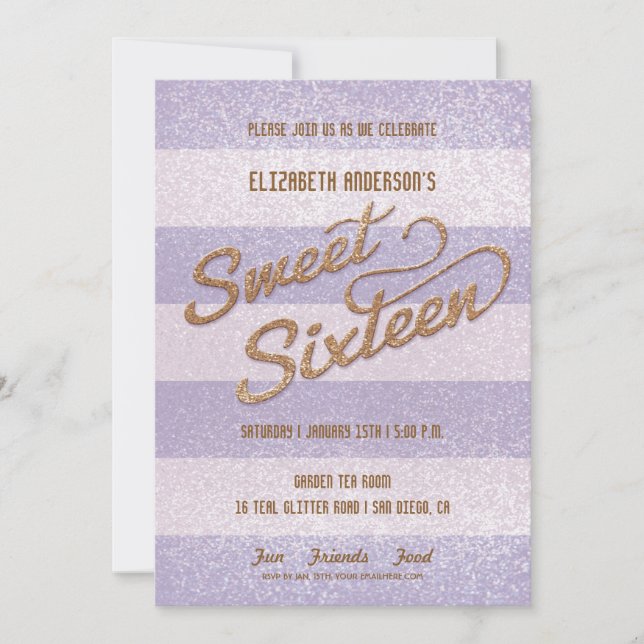 Invitation Jaillissant violet gras rayures Sweet sixteen (Devant)
