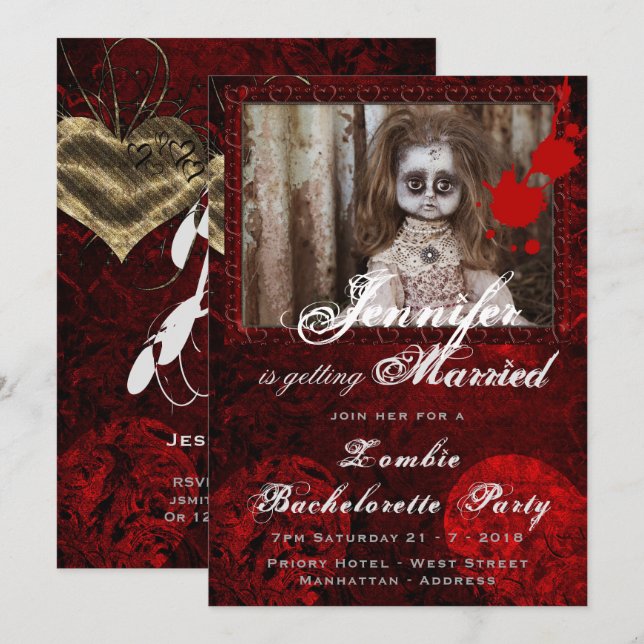 Invitation Jalloween ZOMBIE BRIDE DOLL Bachelorette (Devant / Derrière)