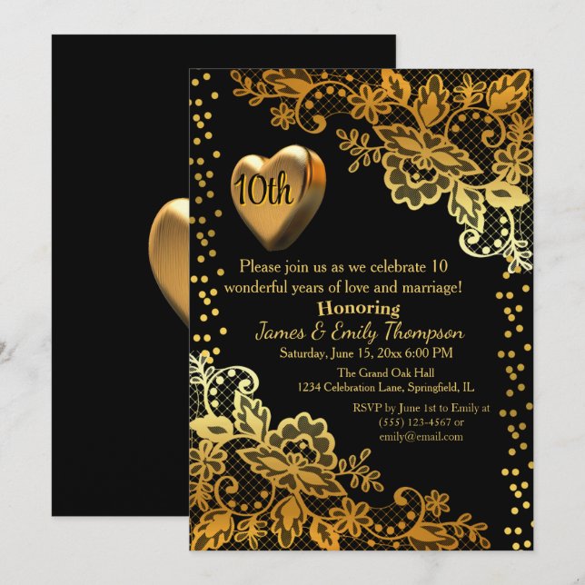 Invitation Jalon Black & Gold Mariage Anniversaire fête (Devant / Derrière)
