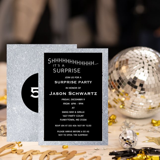 Invitation Jalon Noir et Argent Fête Surprise Anniversaire (Créateur téléchargé)