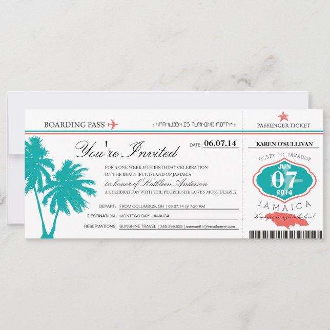 Invitation JAMAICA Embarquement Pass Anniversaire (Devant)