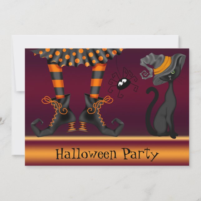 Invitation Jambes de sorcière, chat et fête d'Halloween de l' (Devant)