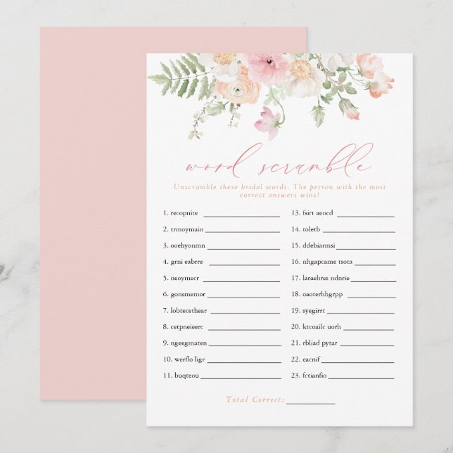 Invitation JANE Blush rose Floral Brid Mot Scramble Jeu (Devant / Derrière)
