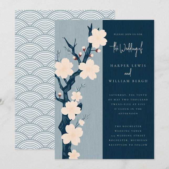 Invitation Japandi bleu cerisier mariage (Devant / Derrière)