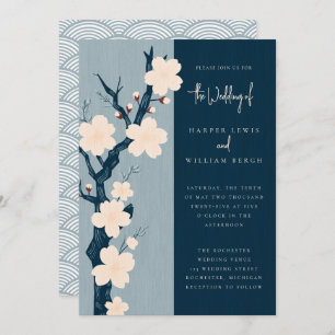 Invitation Japandi bleu cerisier mariage