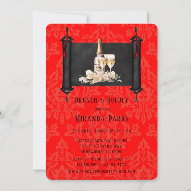 Invitation Japon Défiler Rouge Noir Damas Brunch et Bubbly (Devant)
