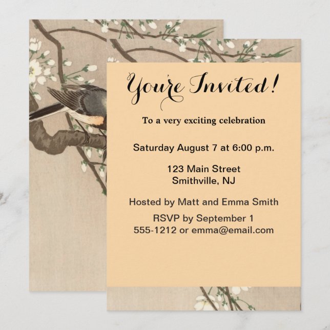 Invitation Japonais Asiatique Koson Bird Chickadee Songbird (Devant / Derrière)