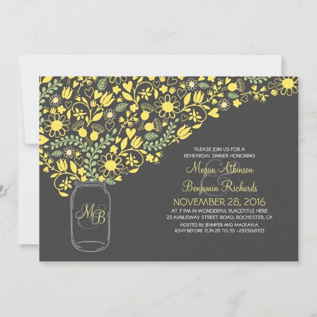 Invitation jar de mason jaune floral joli dîner de répétition (Devant)