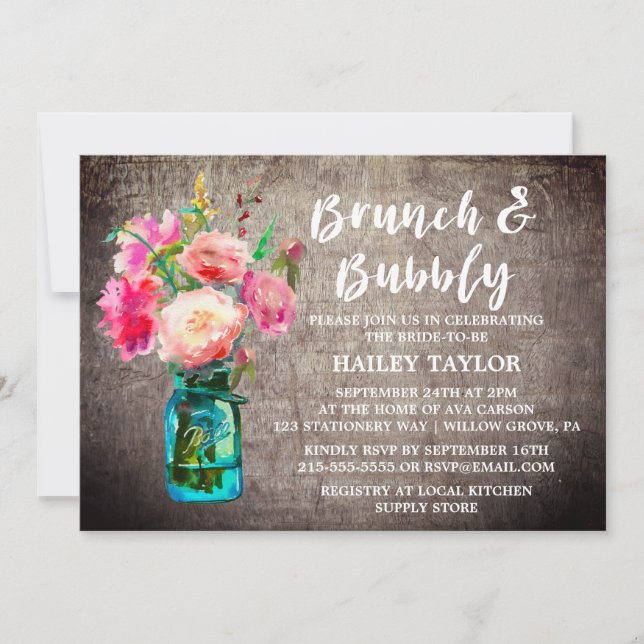 Invitation Jar de Mason rustique avec Brunch aux fleurs et mo (Devant)