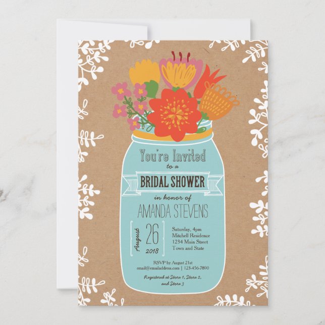 Invitation Jar de Mason rustique avec Fête des mariées de fle (Devant)