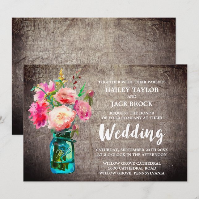 Invitation Jar de Mason rustique avec Mariage de bouquet de f (Devant / Derrière)