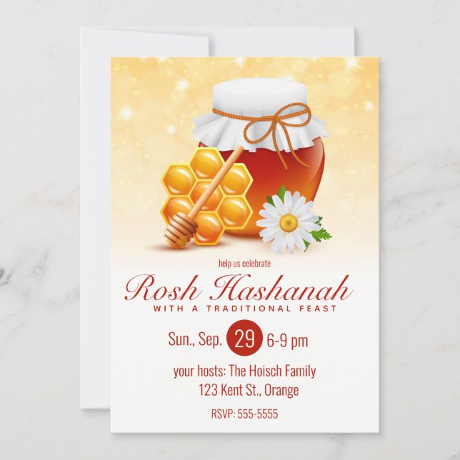 Invitation Jar de miel, peigne de miel, Daisy Rosh Hashanah (Devant)
