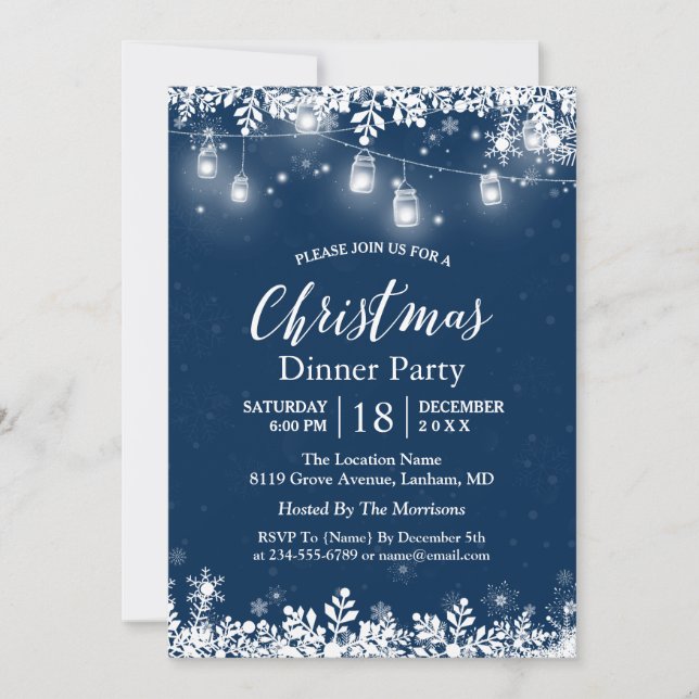Invitation Jar Mason Blanc Lights Snowflakes Noël (Devant)