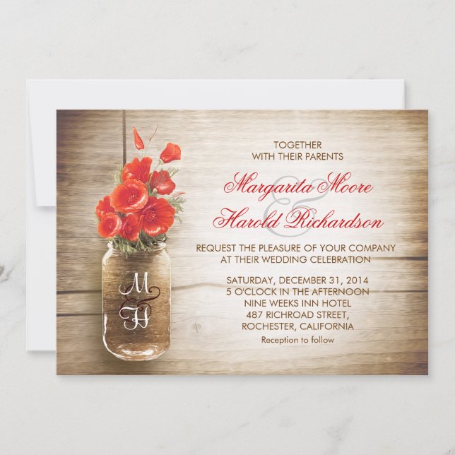 Invitation Jar Mason et fleurs de couleur rouge mariage invit (Devant)