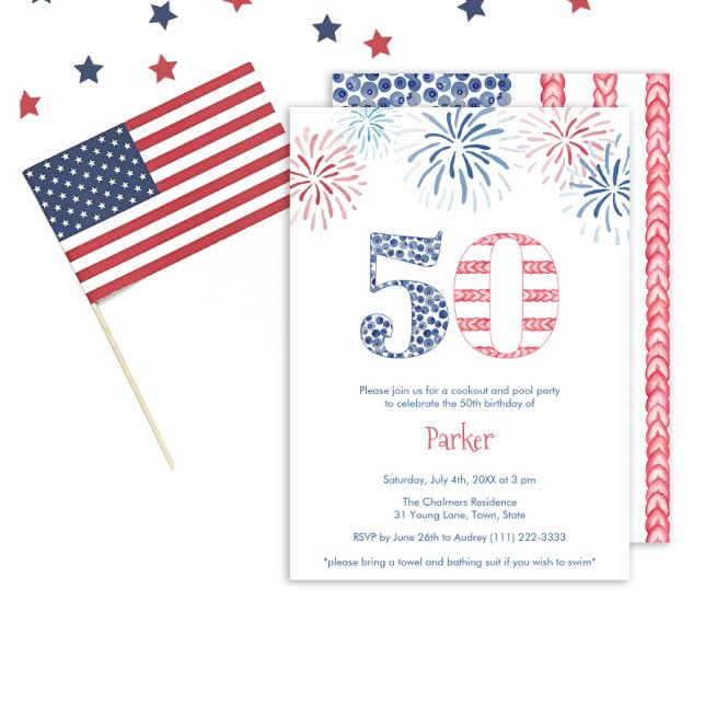 Invitation Jardin 50e anniversaire Bash : Rouge, Blanc & Bleu (A vibrant patriotic 50th birthday invitation with the number 50 in blue and white and red)