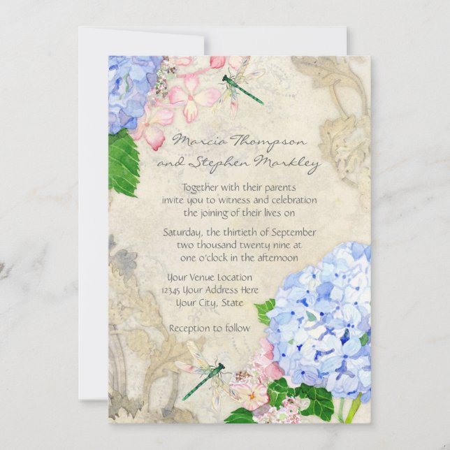 Invitation Jardin anglais, bleu et rose Hydrangeas aquarelle (Devant)