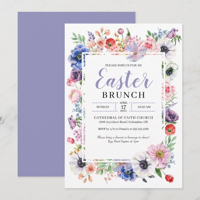 Invitation Jardin aux fleurs de printemps Brunch de Pâques (Devant / Derrière)