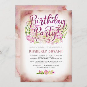 Invitation Jardin aux fleurs roses Soirée d'anniversaire flor