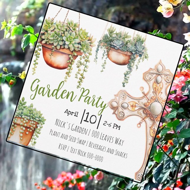 Invitation Jardin avec Succulents et décoration de jardin (Customize your garden party invitations with succulents and garden decor on the front )
