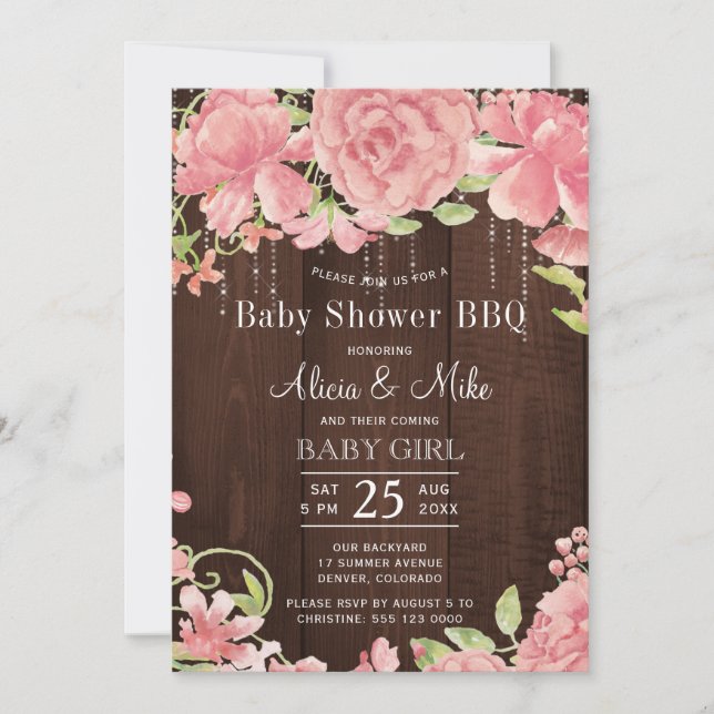 Invitation Jardin baby shower barbecue rustique rose bébé fil (Devant)