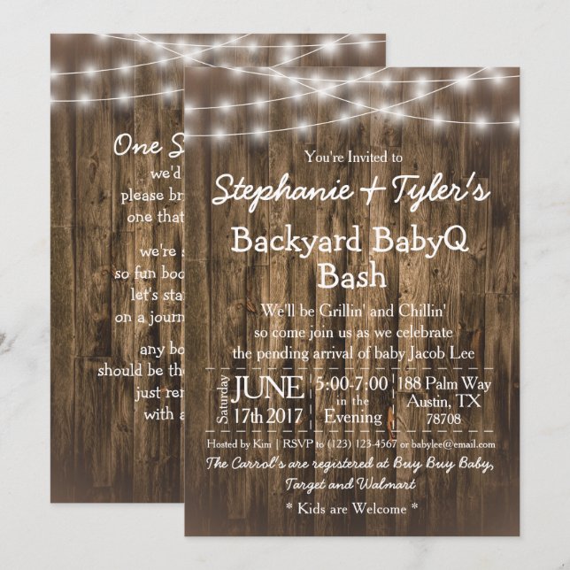 Invitation Jardin BBQ  BBQ Bash Baby shower rustique bois (Devant / Derrière)