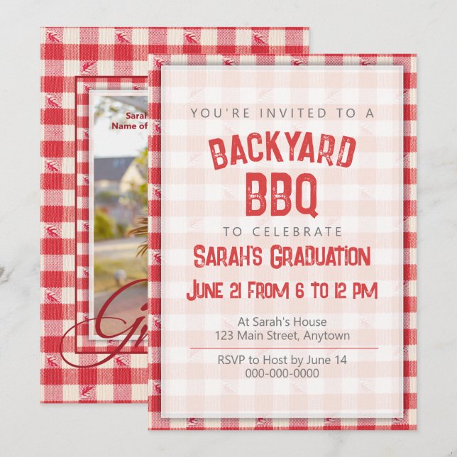 Invitation Jardin BBQ Décontracté Grad Party Cookout En vichy (Devant / Derrière)