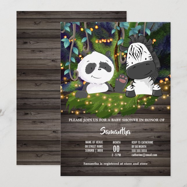 Invitation Jardin bébé zèbre panda ours vigne lumières verdur (Devant / Derrière)