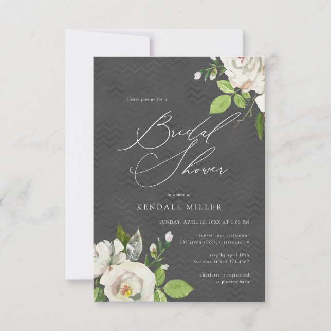 Invitation Jardin Blanc Floral Aquarelle Fête des mariées noi (Devant)