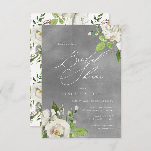 Invitation Jardin Blanc Floral Aquarelle Gris Fête des mariée (Devant / Derrière)