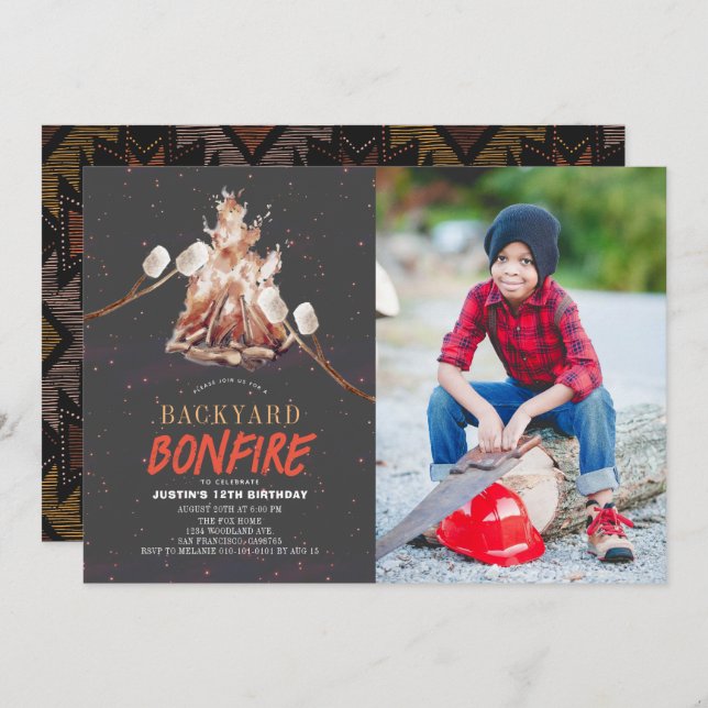 Invitation Jardin Bonfire Camping S'mores Photo Anniversaire (Devant / Derrière)