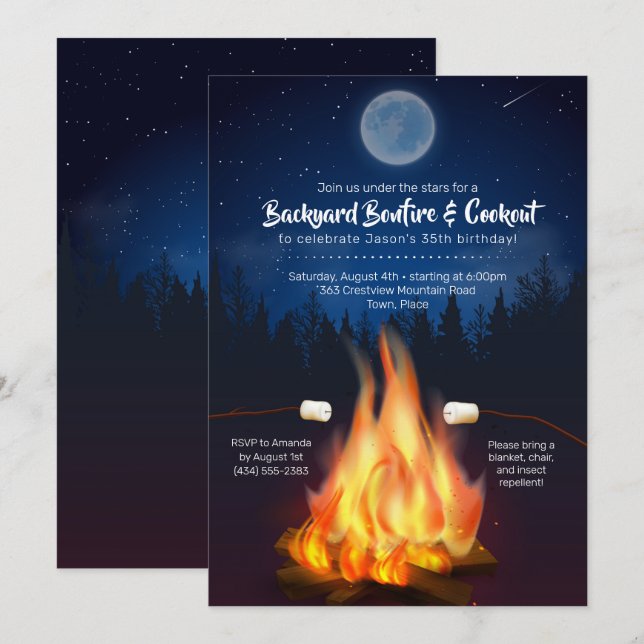 Invitation Jardin Bonfire Cooker Birthday BQ Party (Devant / Derrière)