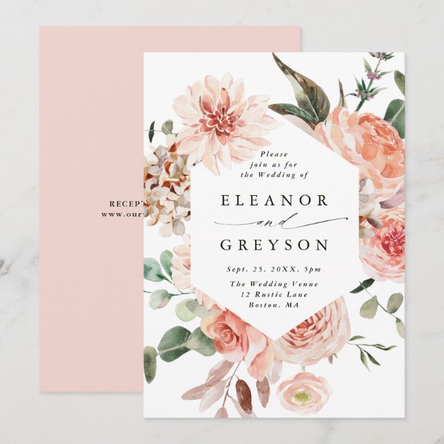 Invitation Jardin botanique floral Blush Hexagon Mariage (Devant / Derrière)
