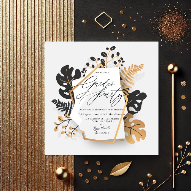 Invitation Jardin botanique moderne Noir et Or (Modern Black and Gold Botanical Garden Party Invitation)