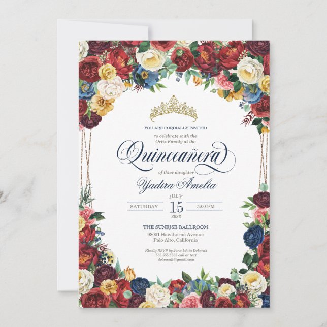 Invitation Jardin Bounitte Royal Bleu Rouge Floral Quinceaner (Devant)