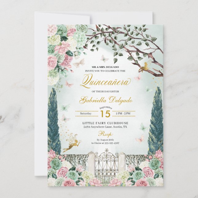Invitation Jardin chanté Quinceanera Rose Gold Fairy (Devant)
