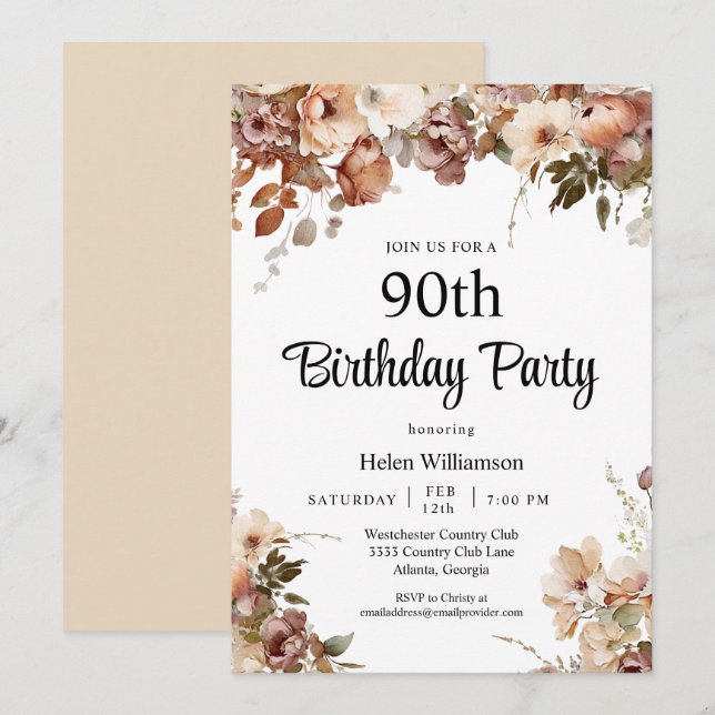 Invitation Jardin Chic Aquarelle Fleurs Roses 90e Anniversair (Devant / Derrière)