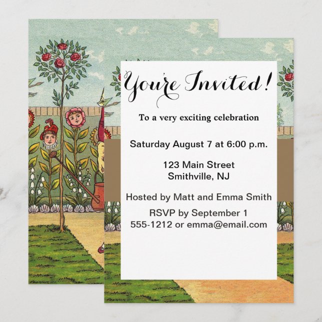 Invitation Jardin Cultivation Flower Woman Art Antique (Devant / Derrière)
