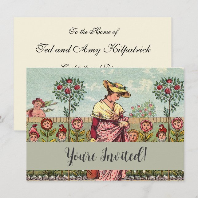 Invitation Jardin Cultivation Flower Woman Art Antique (Devant / Derrière)