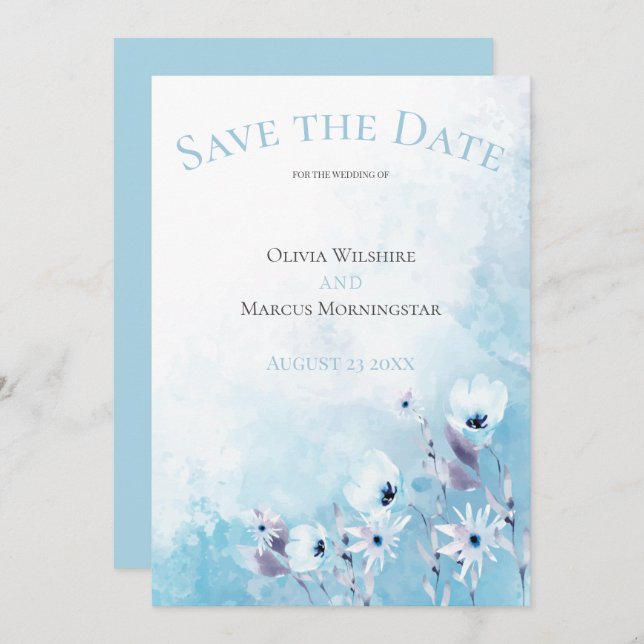 Invitation Jardin d'anémone bleu pâle Enregistrer la date (Devant / Derrière)