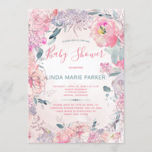 Invitation Jardin d'aquarelle rose vif baby shower rose