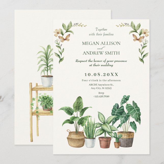 Invitation Jardin d'aquarelle verte mariage plante (Devant / Derrière)