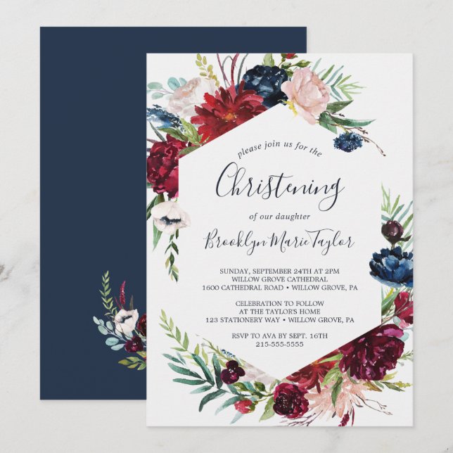 Invitation Jardin d'automne | Burgundy Christening (Devant / Derrière)